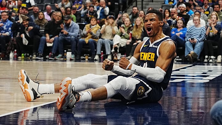 Jan 10, 2025; Denver, Colorado, USA; Denver Nuggets guard Russell Westbrook (4) reacts to his basket in first quarter against the Brooklyn Nets at Ball Arena. 