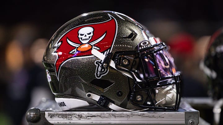 Detailed view of the Tampa Bay Buccaneers helmet against the New Orleans Saints.