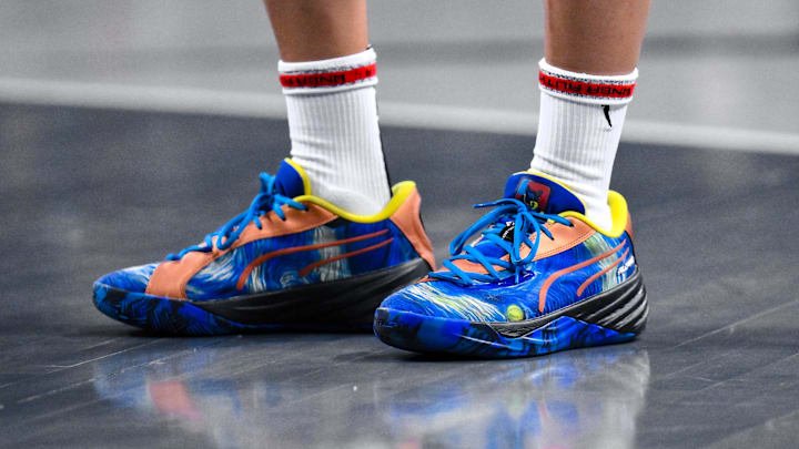 Jul 6, 2025; Brooklyn, New York, USA; The shoes worn by Seattle Storm guard Skylar Diggins (4) are seen during the first half against the New York Liberty  at Barclays Center. Mandatory Credit: John Jones-Imagn Images