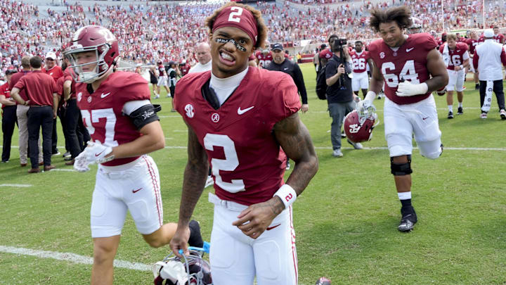 Sep 13, 2025; Tuscaloosa, Alabama, USA;  Alabama wide receiver Ryan Williams (2) makes a face at the camera as he leaves the field after Alabama’s game with Wisconsin at Saban Field at Bryant-Denny Stadium. Mandatory Credit: Gary Cosby-USA TODAY Network via Imagn Images