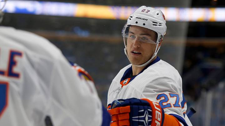 Sep 29, 2017; Buffalo, NY, USA; New York Islanders center Anders Lee (27) celebrates his goal during the first period against the Buffalo Sabres at KeyBank Center. Mandatory Credit: Timothy T. Ludwig-USA TODAY Sports