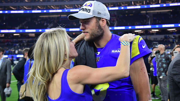Jan 30, 2022; Inglewood, California, USA; Los Angeles Rams quarterback Matthew Stafford (9) with wife Kelly Hall after defeating the San Francisco 49ers in the NFC Championship Game at SoFi Stadium. 