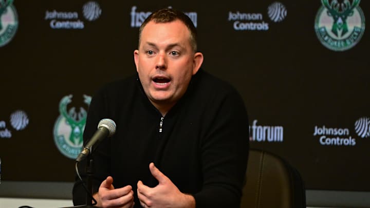 Jan 24, 2024; Milwaukee, Wisconsin, USA; Milwaukee Bucks general manager Jon Horst address the media after head coach Adrian Griffin (not pictured) was dismissed at Fiserv Forum. Mandatory Credit: Benny Sieu-Imagn Images