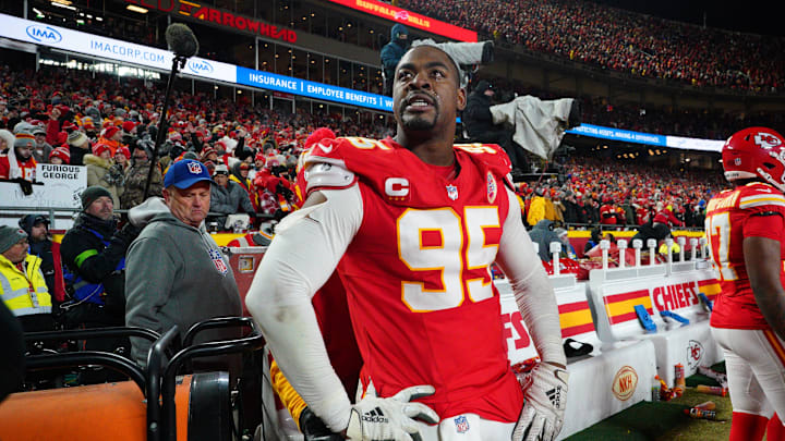 Jan 26, 2025; Kansas City, MO, USA; Kansas City Chiefs defensive tackle Chris Jones (95) reacts after the AFC Championship game against the Buffalo Bills at GEHA Field at Arrowhead Stadium. Mandatory Credit: Denny Medley-Imagn Images