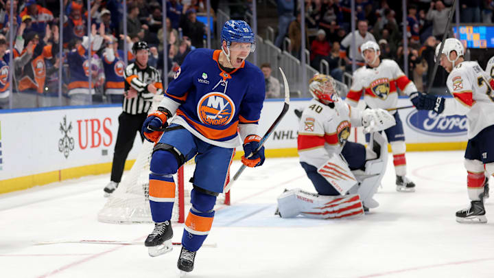 Mar 28, 2026; Elmont, New York, USA; New York Islanders center Casey Cizikas (53) celebrates his goal against Florida Panthers goaltender Daniil Tarasov (40) during the second period at UBS Arena. Mandatory Credit: Brad Penner-Imagn Images