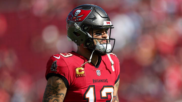 Dec 29, 2024; Tampa, Florida, USA; Tampa Bay Buccaneers wide receiver Mike Evans (13) warms up before a game against the Carolina Panthers at Raymond James Stadium. Mandatory Credit: Nathan Ray Seebeck-Imagn Images