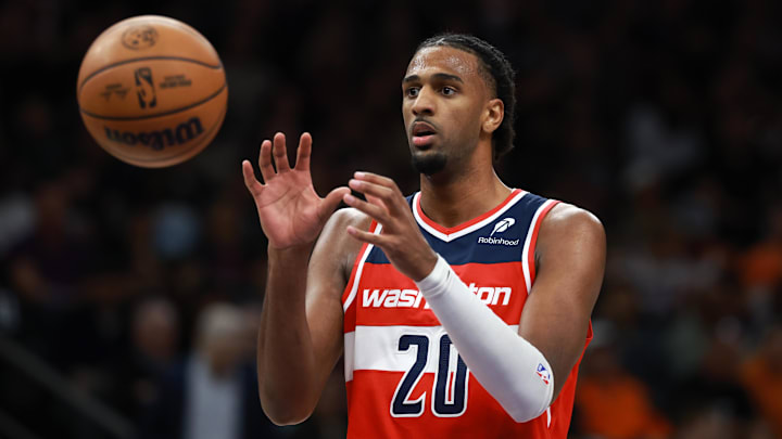Jan 11, 2026; Phoenix, Arizona, USA; Washington Wizards center Alex Sarr (20) against the Phoenix Suns at Mortgage Matchup Center. Mandatory Credit: Mark J. Rebilas-Imagn Images