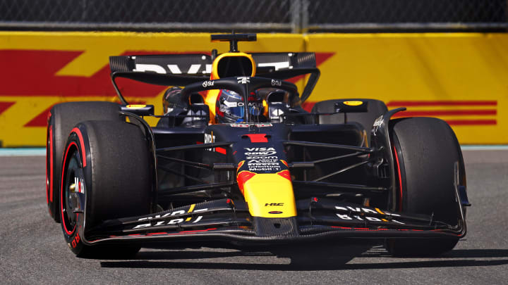 May 4, 2024; Miami Gardens, Florida, USA; Red Bull Racing driver Max Verstappen (1) during F1 qualifying for Miami Grand Prix at Miami International Autodrome. Mandatory Credit: Peter Casey-USA TODAY Sports