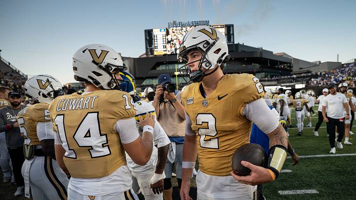 Vanderbilt quarterback Jared Curtis (2) celebrates with quarterback Drew Cowart (14) after defeating Delaware at FirstBank Stadium in Nashville, Tenn., Saturday, Sept. 12, 2026. Vanderbilt quarterback Jared Curtis (2) celebrates with quarterback Drew Cowart (14) after defeating Delaware at FirstBank Stadium in Nashville, Tenn., Saturday, Sept. 12, 2026.