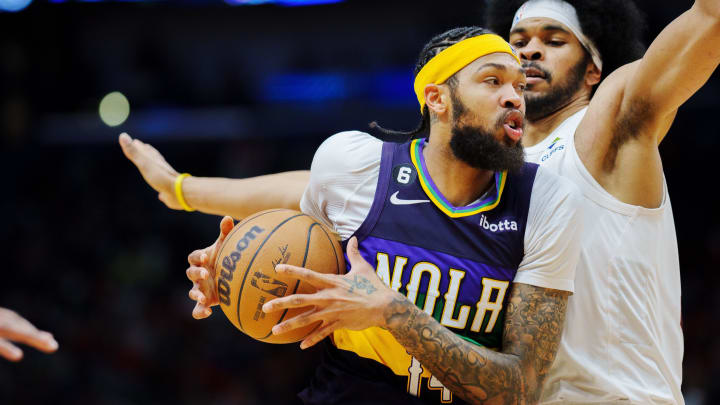 Feb 10, 2023; New Orleans, Louisiana, USA; New Orleans Pelicans forward Brandon Ingram (14) fights for position against Cleveland Cavaliers center Jarrett Allen (31) during the third quarter at Smoothie King Center. Mandatory Credit: Andrew Wevers-USA TODAY Sports Feb 10, 2023; New Orleans, Louisiana, USA; New Orleans Pelicans forward Brandon Ingram (14) fights for position against Cleveland Cavaliers center Jarrett Allen (31) during the third quarter at Smoothie King Center. Mandatory Credit: Andrew Wevers-USA TODAY Sports