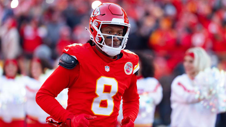 Jan 26, 2025; Kansas City, MO, USA; Kansas City Chiefs wide receiver DeAndre Hopkins (8) against the Buffalo Bills in the AFC Championship game at GEHA Field at Arrowhead Stadium. Mandatory Credit: Mark J. Rebilas-Imagn Images