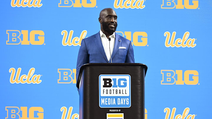Jul 24, 2024; Indianapolis, IN, USA;  UCLA Bruins head coach DeShaun Foster speaks to the media during the Big 10 football media day at Lucas Oil Stadium. Mandatory Credit: Robert Goddin-Imagn Images