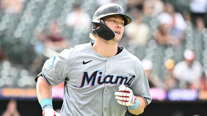 Jul 13, 2025; Baltimore, Maryland, USA;  Miami Marlins left fielder Kyle Stowers (28) rounds the bases on a two-run home run during the fifth inning against the Baltimore Orioles at Oriole Park at Camden Yards. Mandatory Credit: James A. Pittman-Imagn Images