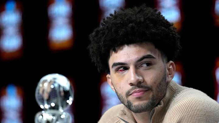 Apr 4, 2026; Indianapolis, IN, USA; Duke Blue Devils forward Cameron Boozer is awarded the Oscar Robertson Player of the Year Award presented by the US Basketball Writers Association and the Associated Press during the men's 2026 NCAA Tournament at Lucas Oil Stadium. Mandatory Credit: Bob Donnan-Imagn Images Apr 4, 2026; Indianapolis, IN, USA; Duke Blue Devils forward Cameron Boozer is awarded the Oscar Robertson Player of the Year Award presented by the US Basketball Writers Association and the Associated Press during the men's 2026 NCAA Tournament at Lucas Oil Stadium. Mandatory Credit: Bob Donnan-Imagn Images