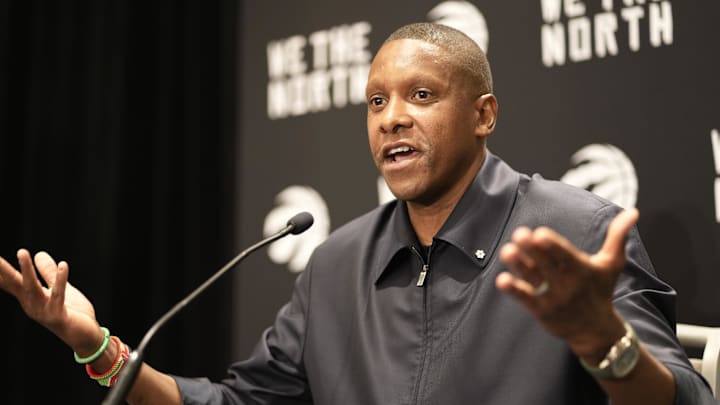 Oct 2, 2023; Toronto, ON, Canada; Toronto Raptors president Masai Ujiri responds to a question Oct 2, 2023; Toronto, ON, Canada; Toronto Raptors president Masai Ujiri responds to a question