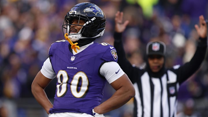 Dec 7, 2025; Baltimore, Maryland, USA; Baltimore Ravens tight end Isaiah Likely (80) reacts after scoring a touchdown against the Pittsburgh Steelers during the second half at M&T Bank Stadium. Mandatory Credit: Peter Casey-Imagn Images