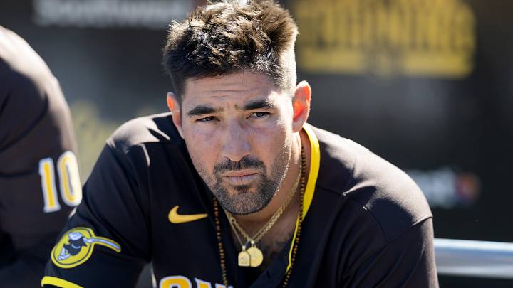 Feb 22, 2026; Peoria, Arizona, USA; San Diego Padres outfielder Nick Castellanos against the Los Angeles Dodgers during a spring training game at Peoria Sports Complex. Mandatory Credit: Mark J. Rebilas-Imagn Images
