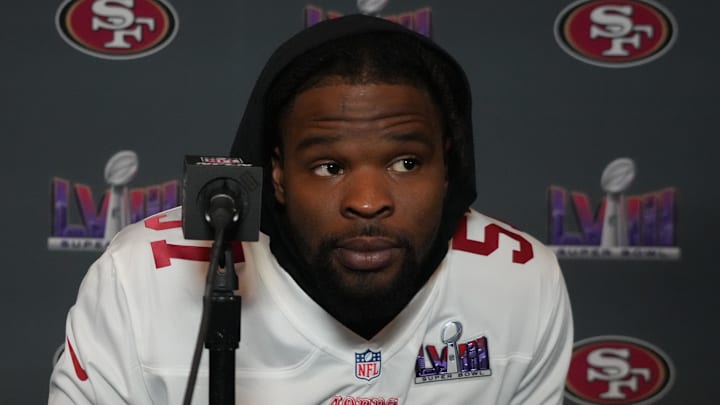 Feb 6, 2024; Las Vegas, NV, USA; San Francisco 49ers linebacker Dre Greenlaw (57) during a press conference before Super Bowl LVIII at the Hilton Lake Las Vegas Resort. Mandatory Credit: Kirby Lee-Imagn Images Feb 6, 2024; Las Vegas, NV, USA; San Francisco 49ers linebacker Dre Greenlaw (57) during a press conference before Super Bowl LVIII at the Hilton Lake Las Vegas Resort. Mandatory Credit: Kirby Lee-Imagn Images