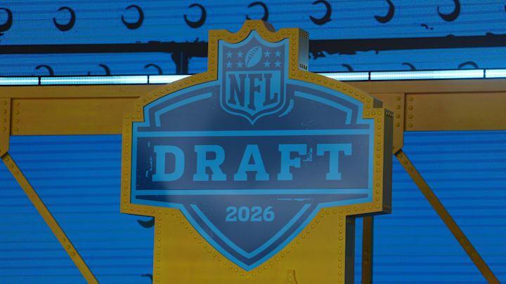 Apr 23, 2026; Pittsburgh, PA, USA;  The 2026 NFL Draft logo on the theater stage at Acrisure Stadium. Mandatory Credit: Kirby Lee-Imagn Images