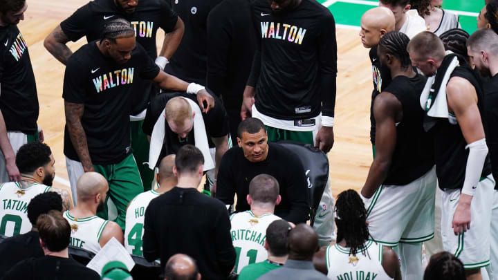Jun 6, 2024; Boston, Massachusetts, USA; Boston Celtics head coach Joe Mazzulla talks during a timeout in the fourth quarter against the Dallas Mavericks during game one of the 2024 NBA Finals at TD Garden. Mandatory Credit: David Butler II-USA TODAY Sports Jun 6, 2024; Boston, Massachusetts, USA; Boston Celtics head coach Joe Mazzulla talks during a timeout in the fourth quarter against the Dallas Mavericks during game one of the 2024 NBA Finals at TD Garden. Mandatory Credit: David Butler II-USA TODAY Sports