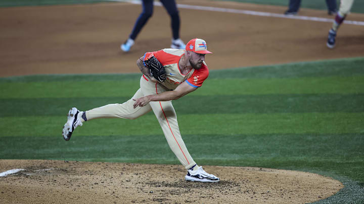 Jul 16, 2024; Arlington, Texas, USA; merican League pitcher Garrett Crochet of the Chicago White Sox (45) pitches during the fourth inning during the 2024 MLB All-Star game at Globe Life Field. Mandatory Credit: Tim Heitman-Imagn Images