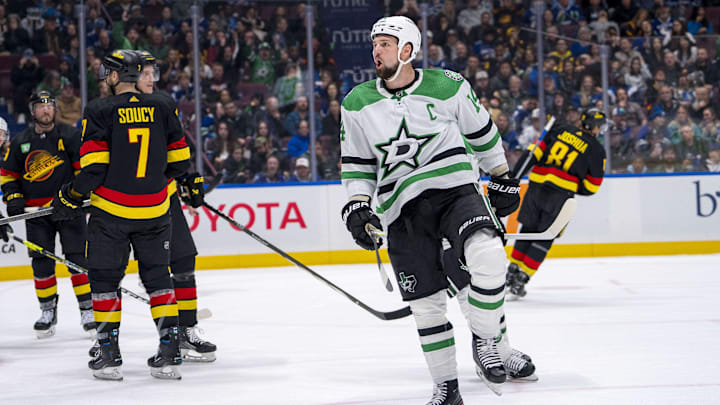 Mar 28, 2024; Vancouver, British Columbia, CAN; Dallas Stars forward Jamie Benn (14) celebrates his goal against the Vancouver Canucks in the third period at Rogers Arena. Dallas won 3 - 1. Mandatory Credit: Bob Frid-Imagn Images