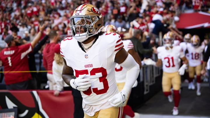 Jan 5, 2025; Glendale, Arizona, USA; San Francisco 49ers linebacker Dee Winters (53) against the Arizona Cardinals at State Farm Stadium. Mandatory Credit: Mark J. Rebilas-Imagn Images Jan 5, 2025; Glendale, Arizona, USA; San Francisco 49ers linebacker Dee Winters (53) against the Arizona Cardinals at State Farm Stadium. Mandatory Credit: Mark J. Rebilas-Imagn Images