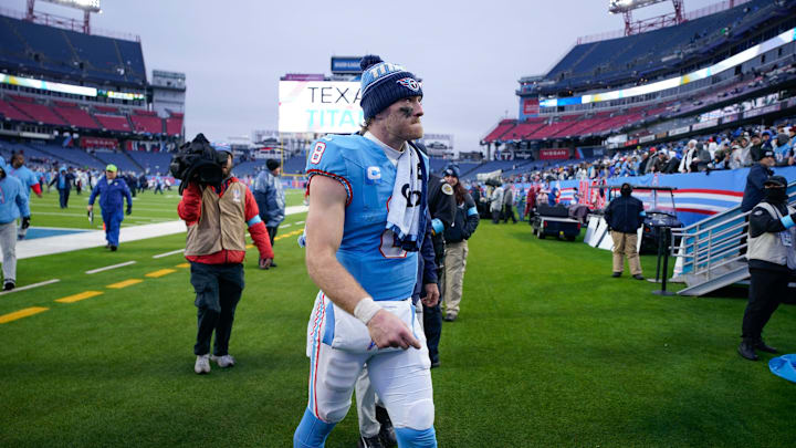 Tennessee Titans quarterback Will Levis (8) exits the field after the game with the Houston Texans at Nissan Stadium in Nashville, Tenn., Sunday, Jan. 5, 2025.