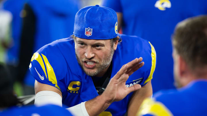 Jan 13, 2025; Glendale, AZ, USA; Los Angeles Rams quarterback Matthew Stafford (9) against the Minnesota Vikings during an NFC wild card game at State Farm Stadium. Mandatory Credit: Mark J. Rebilas-Imagn Images