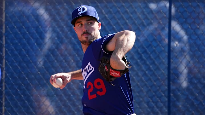 Feb 15, 2025; Glendale, AZ, USA; Los Angeles Dodgers pitcher Michael Grove (29) throws during a Spring Training workout at Camelback Ranch. Mandatory Credit: Joe Camporeale-Imagn Images