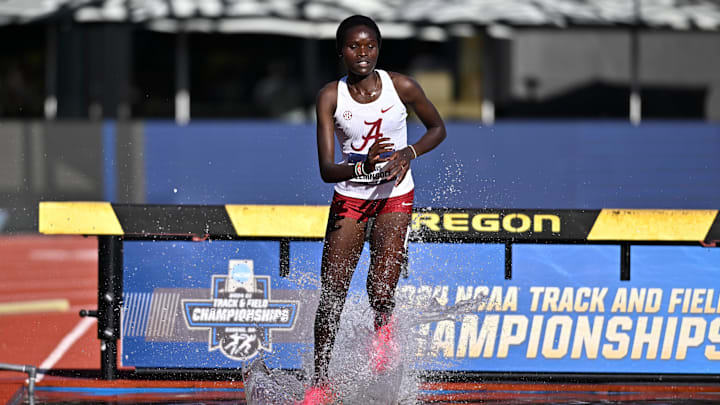 Jun 6, 2024; Eugene, OR, USA; Doris Lemngole of Alabama with a big lead in the 3,000m steeplechase at Hayward Field. Mandatory Credit: Craig Strobeck-Imagn Images Jun 6, 2024; Eugene, OR, USA; Doris Lemngole of Alabama with a big lead in the 3,000m steeplechase at Hayward Field. Mandatory Credit: Craig Strobeck-Imagn Images