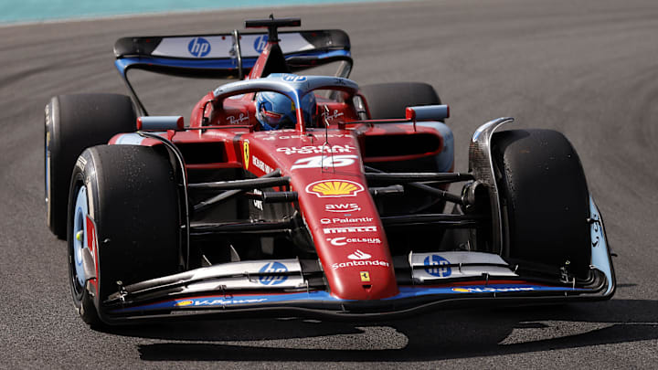 Ferrari driver Charles Leclerc drives around the track during the Miami Grand Prix at Miami International Autodrome.