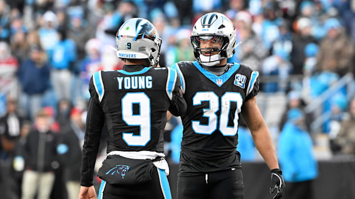 Dec 22, 2024; Charlotte, North Carolina, USA; Carolina Panthers quarterback Bryce Young (9) and running back Chuba Hubbard (30) react in overtime at Bank of America Stadium. Mandatory Credit: Bob Donnan-Imagn Images Dec 22, 2024; Charlotte, North Carolina, USA; Carolina Panthers quarterback Bryce Young (9) and running back Chuba Hubbard (30) react in overtime at Bank of America Stadium. Mandatory Credit: Bob Donnan-Imagn Images