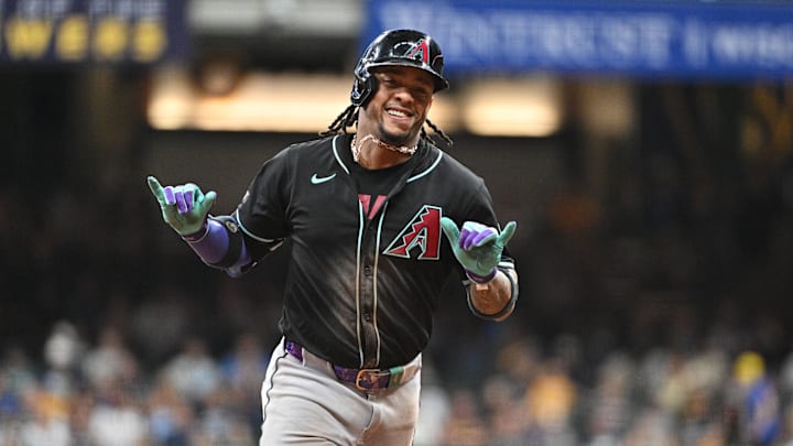 Sep 21, 2024; Milwaukee, Wisconsin, USA; Arizona Diamondbacks second base Ketel Marte (4) rounds the bases after hitting a home run against the Milwaukee Brewers in the ninth inning at American Family Field. Mandatory Credit: Michael McLoone-Imagn Images