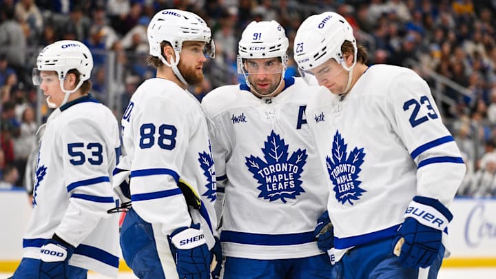Mar 28, 2026; St. Louis, Missouri, USA; Toronto Maple Leafs right wing William Nylander (88) center John Tavares (91) and left wing Matthew Knies (23) talk before a face off against the St. Louis Blues during the third period at Enterprise Center. Mandatory Credit: Jeff Curry-Imagn Images