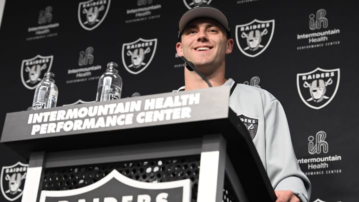 Apr 26, 2024; Henderson, NV, USA; Las Vegas Raiders tight end Brock Bowers speaks to the media at Intermountain Health Performance Center in Henderson, NV.  Mandatory Credit: Candice Ward-USA TODAY Sports