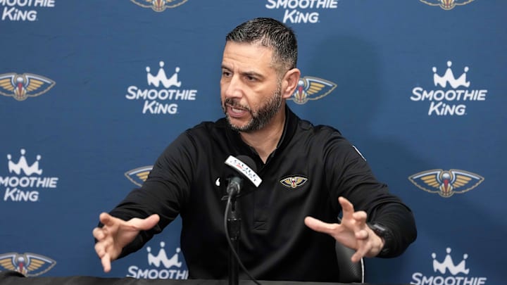Mar 3, 2026; Los Angeles, California, USA; New Orleans Pelicans head coach James Borrego at a press conference at the Crypto.com Arena. Mandatory Credit: Kirby Lee-Imagn Images Mar 3, 2026; Los Angeles, California, USA; New Orleans Pelicans head coach James Borrego at a press conference at the Crypto.com Arena. Mandatory Credit: Kirby Lee-Imagn Images