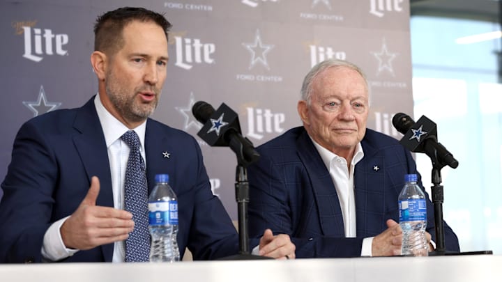Jan 27, 2025; Frisco, TX, USA;   Dallas Cowboys Head Coach Brian Schottenheimer and owner Jerry Jones speak to the media at a press conference at the Star. 