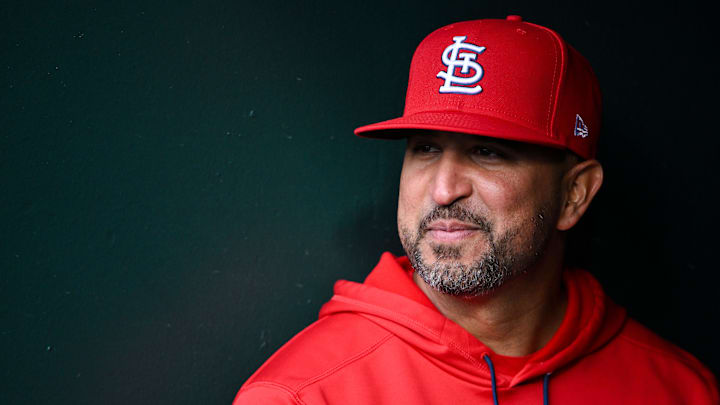 Apr 1, 2026; St. Louis, Missouri, USA; St. Louis Cardinals manager Oliver Marmol (37) looks on from the dugout after his team defeated the New York Mets at Busch Stadium. Mandatory Credit: Jeff Curry-Imagn Images