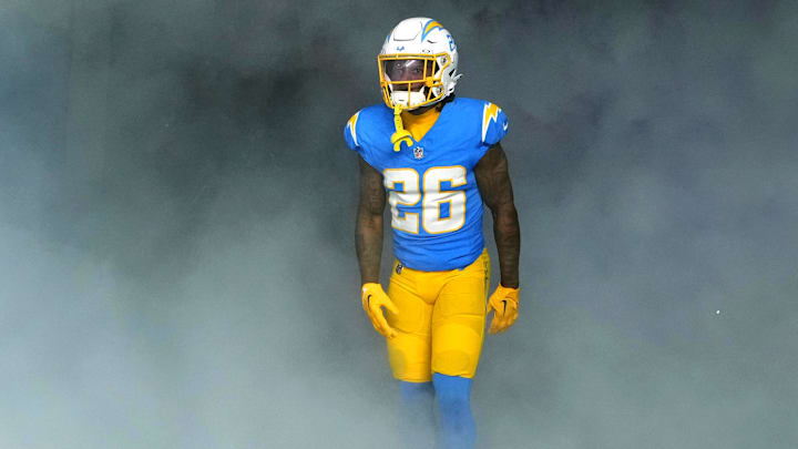 Los Angeles Chargers cornerback Asante Samuel Jr. (26) enters the field before the game against the Buffalo Bills at SoFi Stadium. Los Angeles Chargers cornerback Asante Samuel Jr. (26) enters the field before the game against the Buffalo Bills at SoFi Stadium.