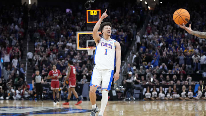 Mar 29, 2025; San Francisco, CA, USA; Florida Gators guard Walter Clayton Jr. (1) celebrates defeating the Texas Tech Red Raiders during the West Regional final of the 2025 NCAA tournament at Chase Center. Mandatory Credit: Kyle Terada-Imagn Images