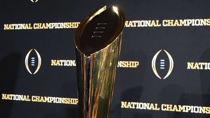Jan 21, 2025; Atlanta, GA, USA; The College Football Playoff National Championship trophy at press conference at The Westin Peachtree Plaza, Savannah Ballroom. Mandatory Credit: Kirby Lee-Imagn Images