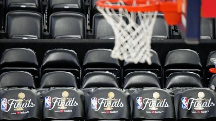 May 31, 2023; Denver, CO, USA; A general view of team benches with the 2023 NBA Finals logo during a practice session on media day before the 2023 NBA Finals at Ball Arena. Mandatory Credit: Kyle Terada-USA TODAY Sports