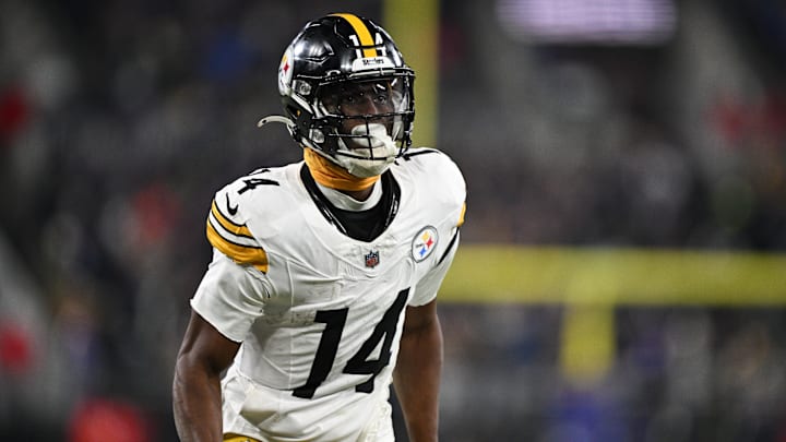 Jan 11, 2025; Baltimore, Maryland, USA; Pittsburgh Steelers wide receiver George Pickens (14) looks on in the third quarter against the Baltimore Ravens in an AFC wild card game at M&T Bank Stadium. Mandatory Credit: Tommy Gilligan-Imagn Images