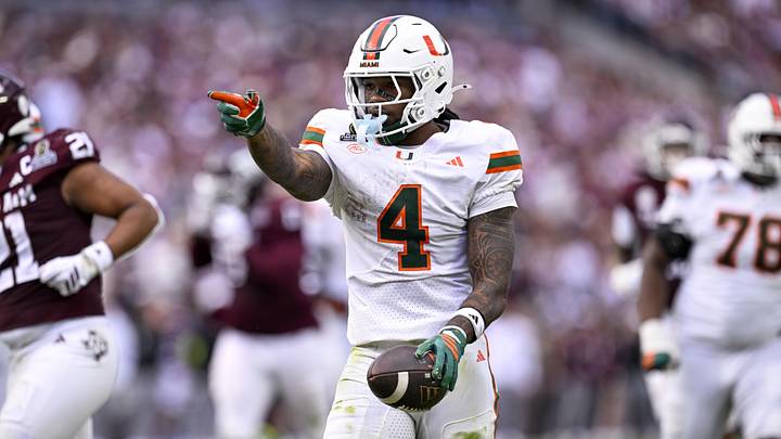 Dec 20, 2025; College Station, TX, USA; Miami Hurricanes running back Mark Fletcher Jr. (4) celebrates during the game between the Aggies and the Hurricanes at Kyle Field. Mandatory Credit: Jerome Miron-Imagn Images