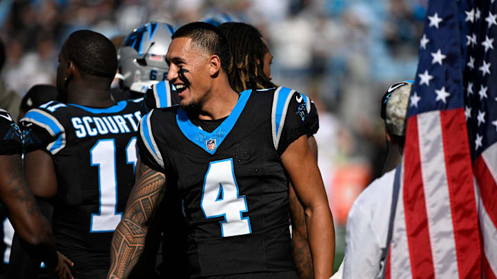 Nov 9, 2025; Charlotte, North Carolina, USA; Carolina Panthers wide receiver Tetairoa McMillan (4) during player introductions at Bank of America Stadium. Mandatory Credit: Bob Donnan-Imagn Images Nov 9, 2025; Charlotte, North Carolina, USA; Carolina Panthers wide receiver Tetairoa McMillan (4) during player introductions at Bank of America Stadium. Mandatory Credit: Bob Donnan-Imagn Images