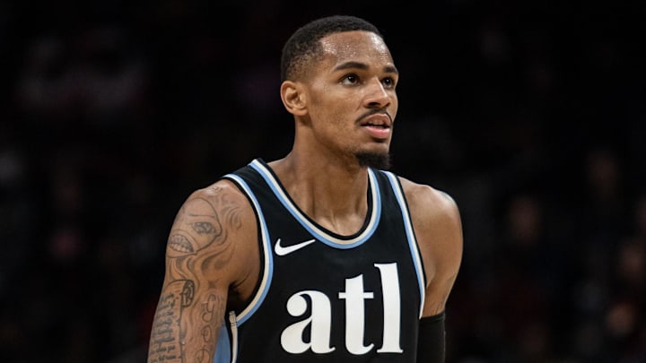 Nov 11, 2023; Atlanta, Georgia, USA; Atlanta Hawks guard Dejounte Murray (5) looks on against Miami