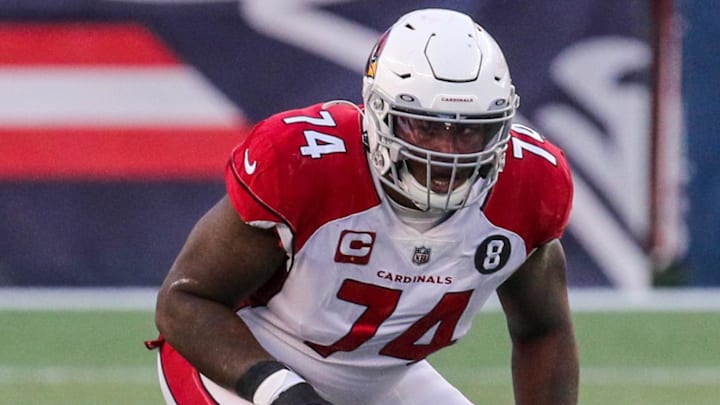 Nov 29, 2020; Foxborough, Massachusetts, USA; Arizona Cardinals offensive lineman DJ Humphries (74) against the New England Patriots at Gillette Stadium. Nov 29, 2020; Foxborough, Massachusetts, USA; Arizona Cardinals offensive lineman DJ Humphries (74) against the New England Patriots at Gillette Stadium.