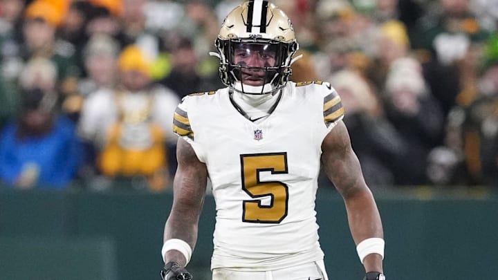 Dec 23, 2024; Green Bay, Wisconsin, USA;  New Orleans Saints defensive back Will Harris (5) during the game against the Green Bay Packers at Lambeau Field. Mandatory Credit: Jeff Hanisch-Imagn Images