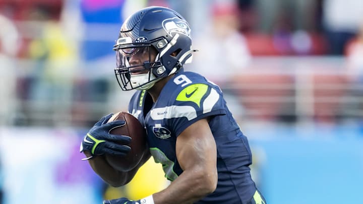 Feb 8, 2026; Santa Clara, CA, USA; Seattle Seahawks running back Kenneth Walker III (9) runs against the New England Patriots during the second quarter in Super Bowl LX at Levi's Stadium. Mandatory Credit: Mark J. Rebilas-Imagn Images